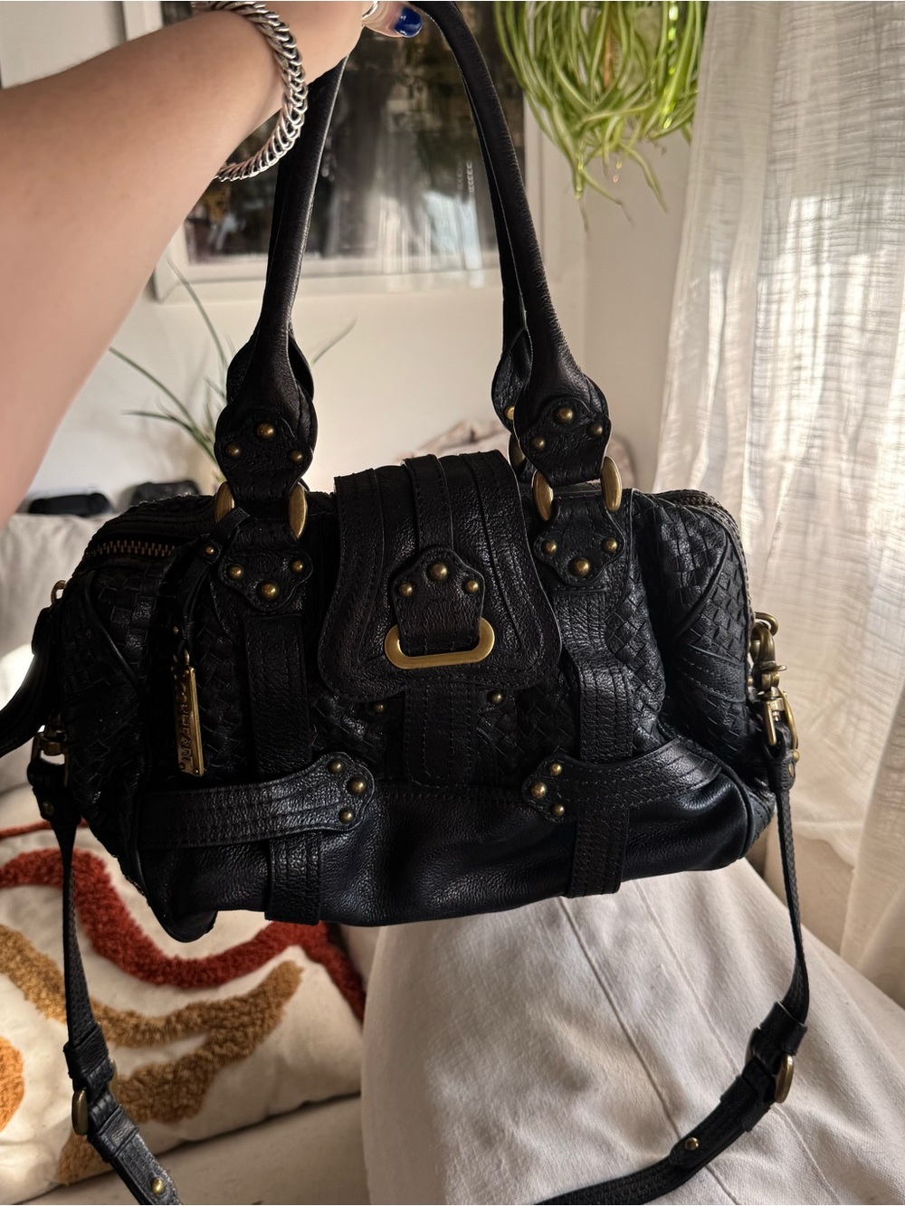 Lockheart Black Leather Braided Studded Satchel Handbag - Picture 8 of 9